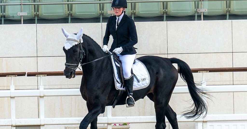 Female equestrian rider performing dressage inside an arena with her horse.